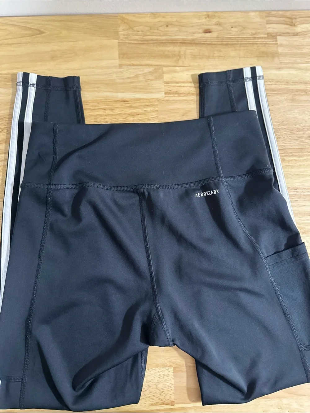Adidas Black Unisex Athletic Leggings with White Stripes and Pocket